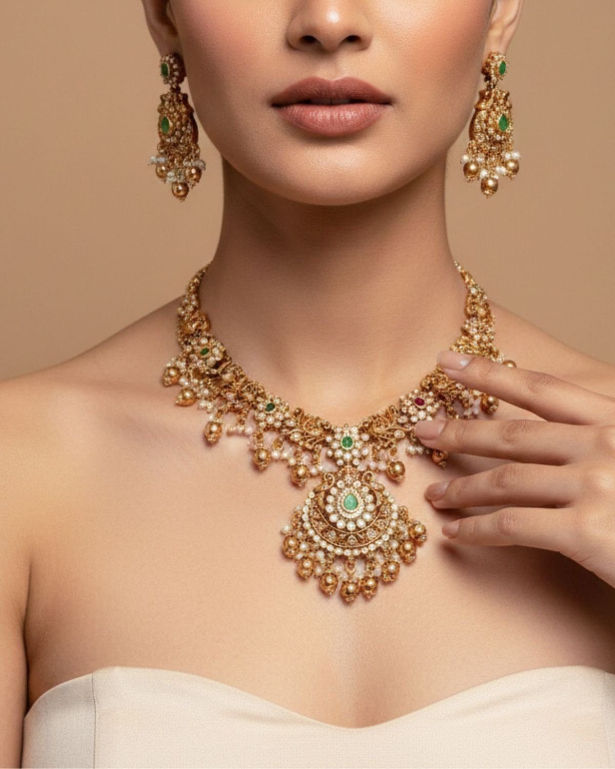Premium Bridal Jewellery Set – Antique Gold Kundan Necklace with Matching Earrings - Image 4