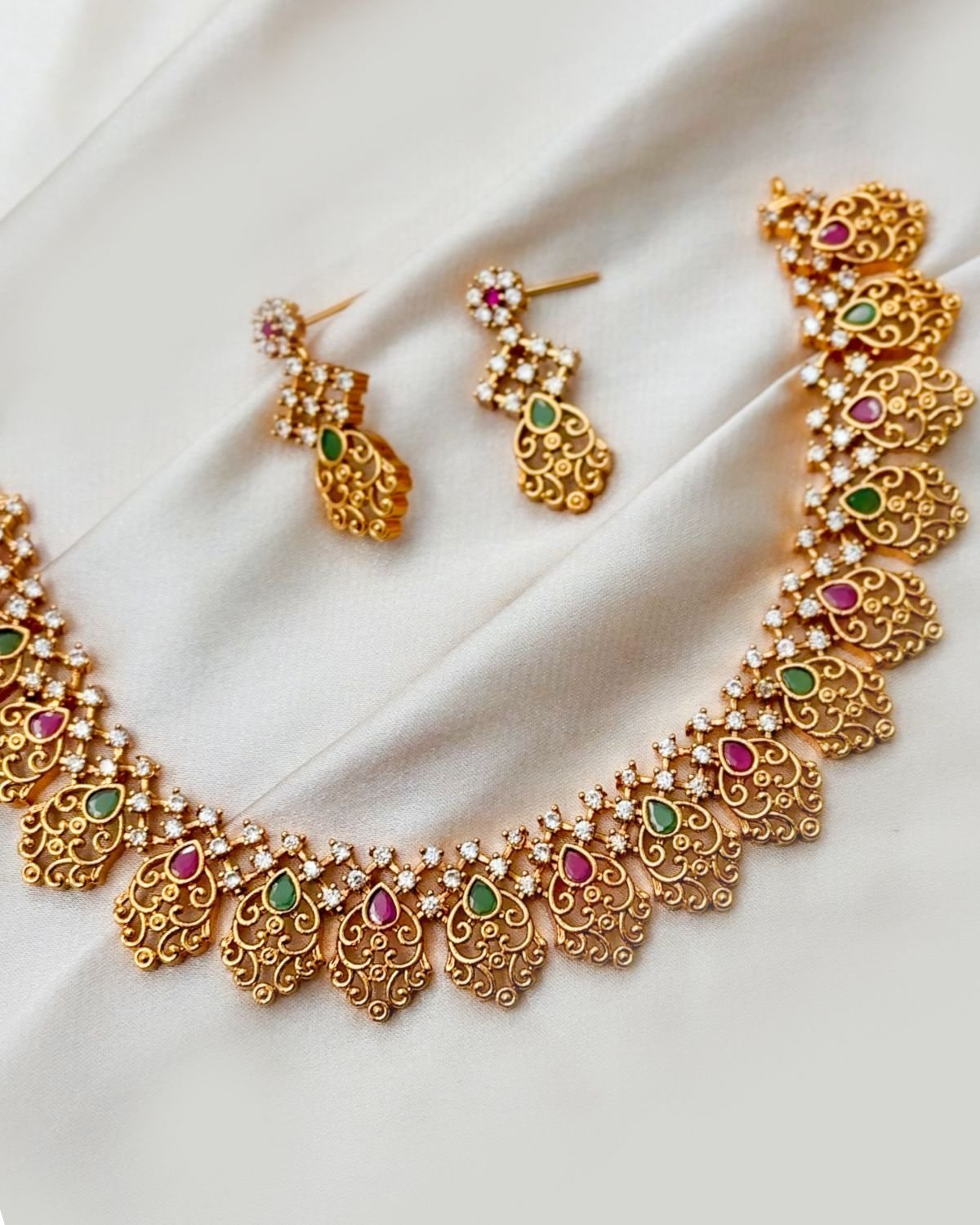 Royal Peacock Filigree Gold-Plated Necklace Set with Stone Drops