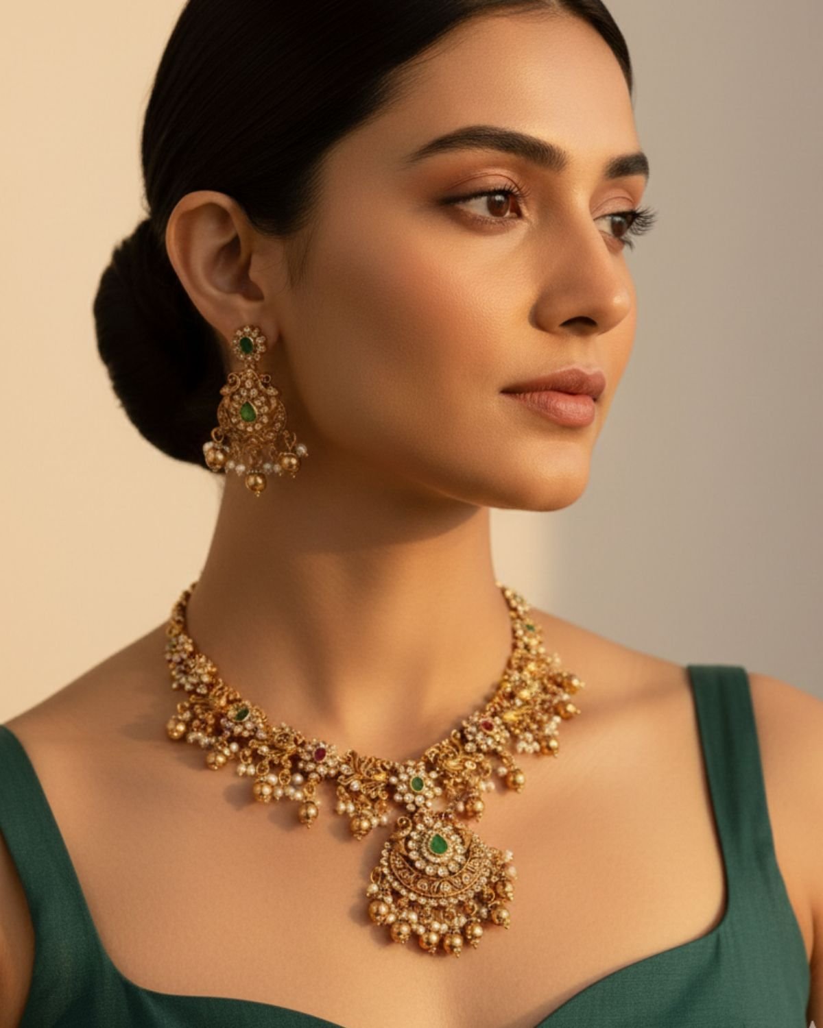 Premium Bridal Jewellery Set – Antique Gold Kundan Necklace with Matching Earrings